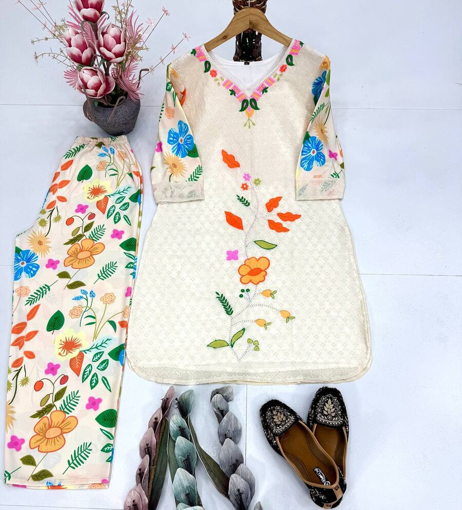 FANCY COTTON SCHIFFLI EMBROIDERY WORK TOP BOTTOM SET OFFICE WEAR WHOLESALE PRICE ETHNIC GARMENT (5)