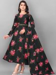 FANCY DELTA COTTON FLORAL PRINT WORK ANARKALI GOWN WITH DUPATTA SET BLACK