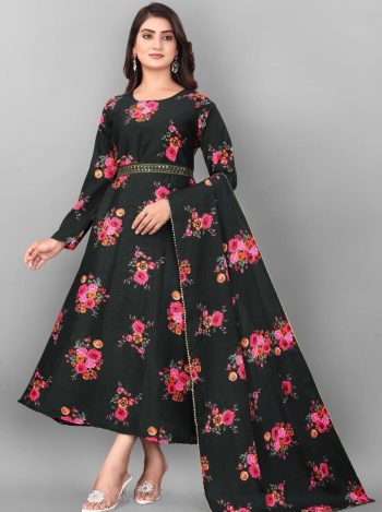 FANCY DELTA COTTON FLORAL PRINT WORK ANARKALI GOWN WITH DUPATTA SET BLACK