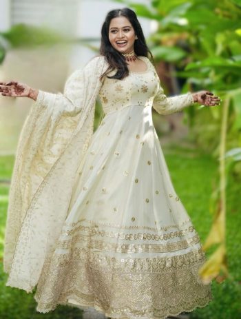 FANCY DOLA SILK EMBROIDERY SEQUENCE WORK GOWN BOTTOM WITH DUPATTA WHITE