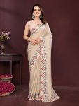 FANCY GEORGETTE EMBROIDERY CUTWORK WORK LACE BORDER WORK SAREE WITH UNSTITCHED BLOUSE CREAM