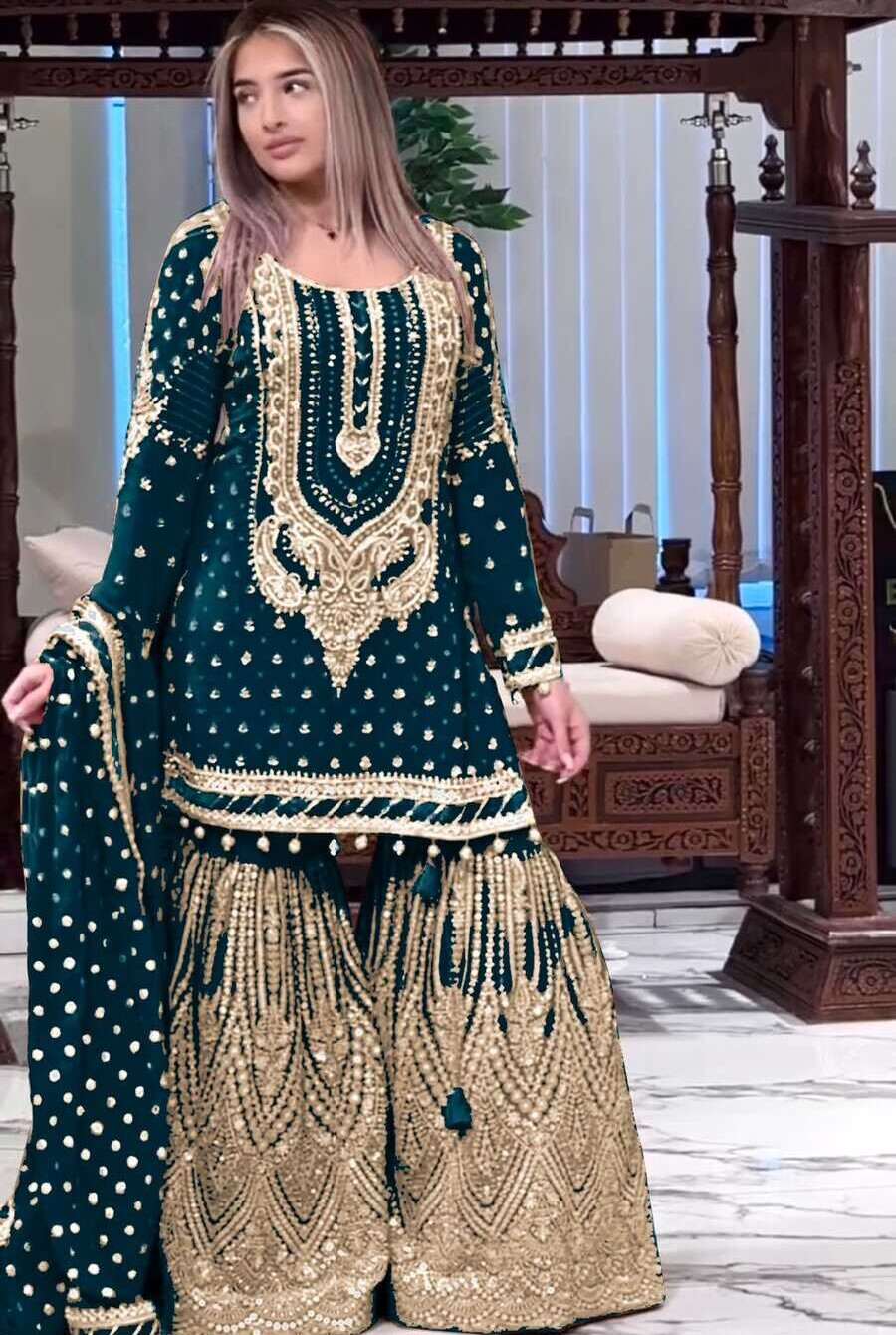 FANCY GEORGETTE EMBROIDERY SEQUENCE WITH LATKAN BORDER WORK TOP SHARARA WITH DUPATTA FESTIVE WEAR WHOLESALE PRICE ETHNIC GARMENT (2)