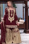 FANCY GEORGETTE EMBROIDERY SEQUENCE WITH LATKAN BORDER WORK TOP SHARARA WITH DUPATTA MAROON