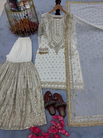 FANCY GEORGETTE EMBROIDERY SEQUENCE WITH LATKAN BORDER WORK TOP SHARARA WITH DUPATTA WHITE