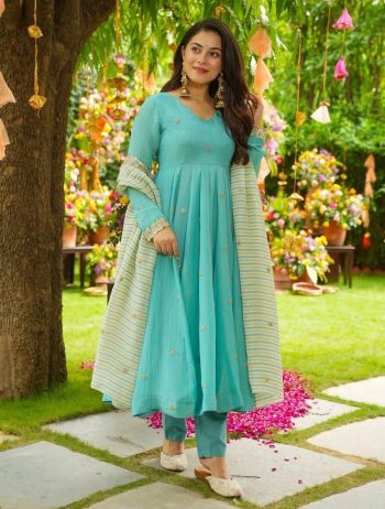 FANCY GEORGETTE EMBROIDERY WORK GOWN BOTTOM WITH DUPATTA SKY