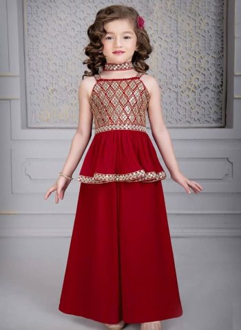 FANCY GEORGETTE EMBROIDERY WORK KID'S TOP PALAZZO WITH DUPATTA MAROON