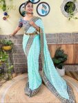 FANCY GEORGETTE EMBROIDERY ZARI, CODING WITH SEQUENCE WORK SAREE WITH UNSTITCHED BLOUSE SKY