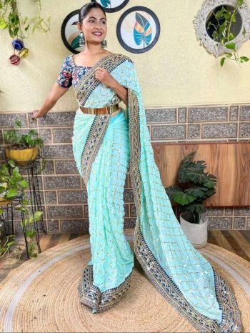 FANCY GEORGETTE EMBROIDERY ZARI, CODING WITH SEQUENCE WORK SAREE WITH UNSTITCHED BLOUSE SKY