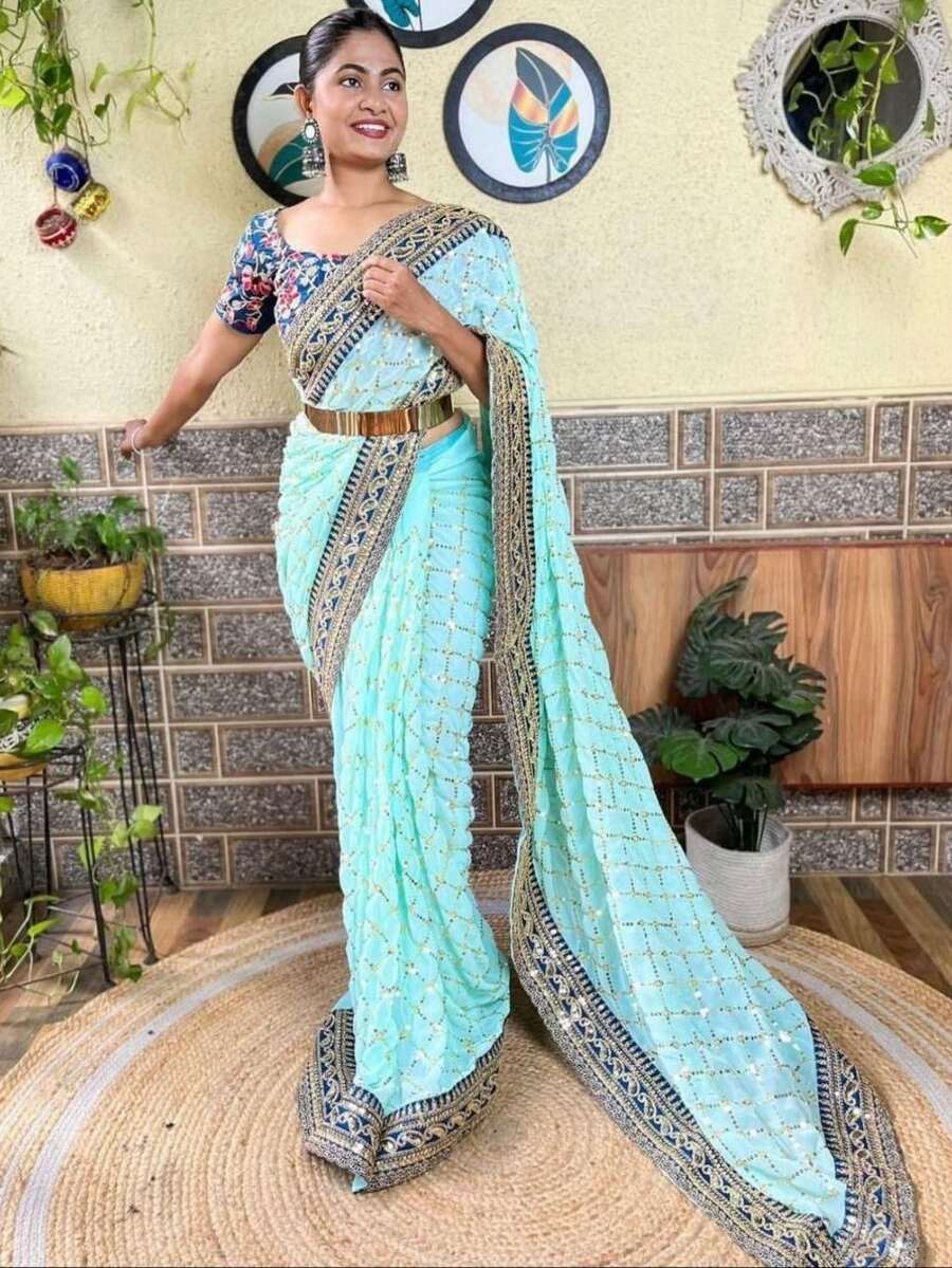 FANCY GEORGETTE EMBROIDERY ZARI, CODING WITH SEQUENCE WORK SAREE WITH UNSTITCHED BLOUSE WEDDING WEAR WHOLESALE PRICE ETHNIC GARMENT (7)