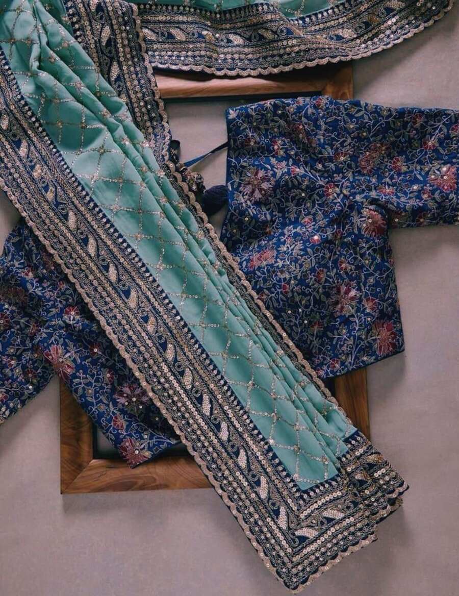 FANCY GEORGETTE EMBROIDERY ZARI, CODING WITH SEQUENCE WORK SAREE WITH UNSTITCHED BLOUSE WEDDING WEAR WHOLESALE PRICE ETHNIC GARMENT (9)