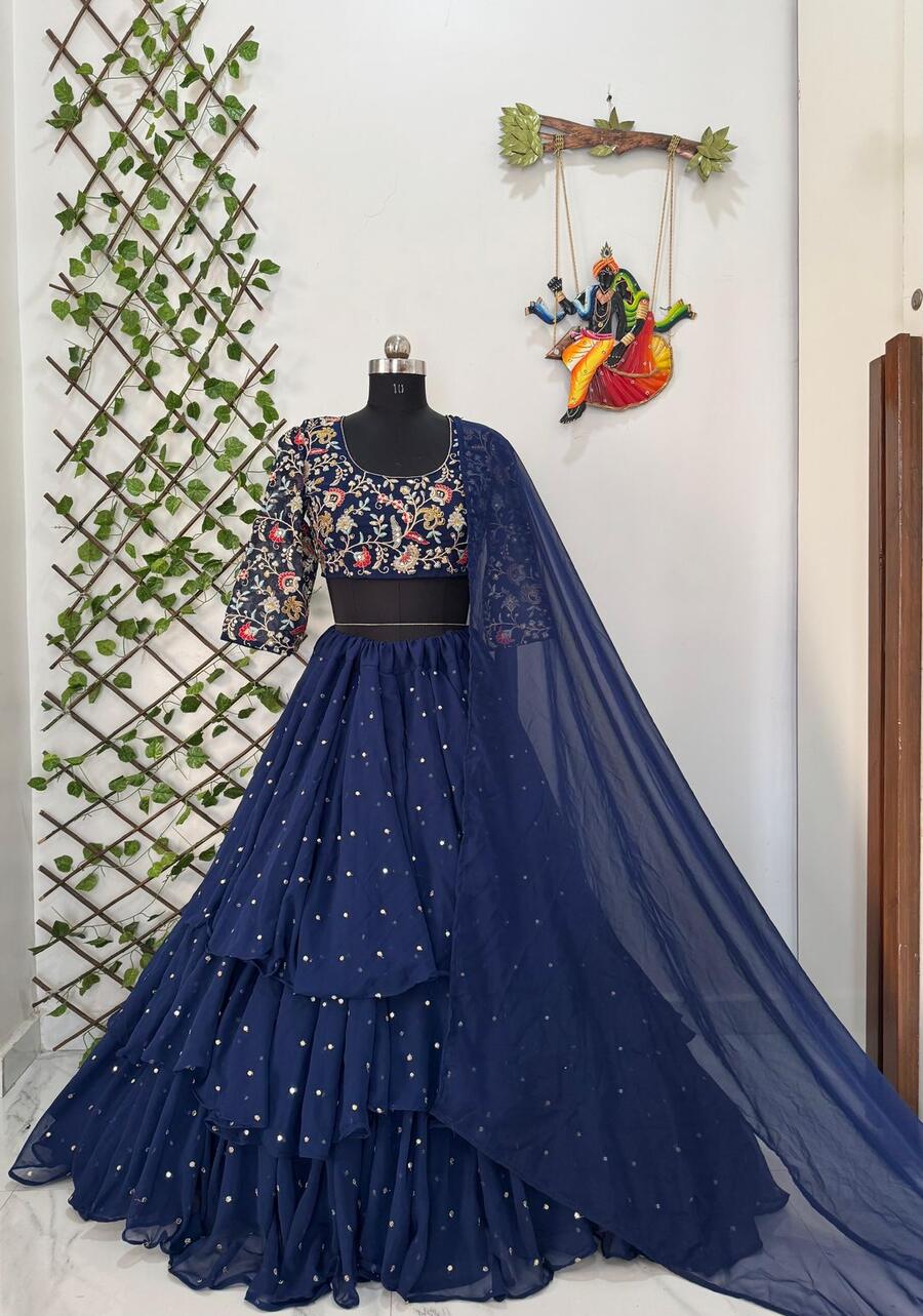 FANCY GEORGETTE LAYERED FLARE AND SEQUENCE EMBROIDERY WORK LEHENGA CHOLI WITH DUPATTA PARTY WEAR WHOLESALE PRICE ETHNIC GARMENT (1)