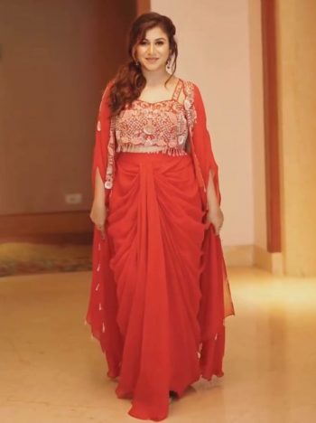 FANCY GEORGETTE PLAIN DRAPE SKIRT AND EMBROIDERY WORK STITCHED BLOUSE AND SHRUG ORANGE