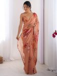 FANCY GEORGETTE PRINTED WITH MOTI LACE WORK SAREE WITH UNSTITCHED BLOUSE PEACH