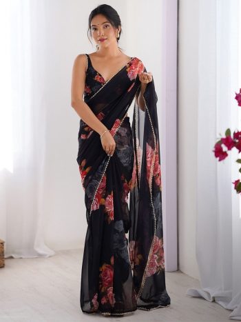 FANCY GEORGETTE PRINTED WITH MOTI LACE WORK SAREE WITH UNSTITCHED BLOUSE BLACK