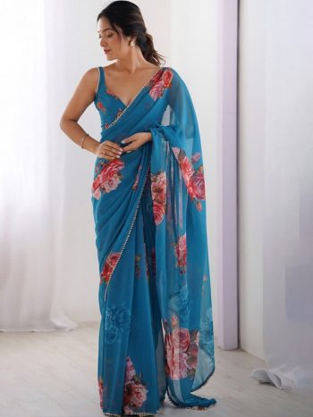 FANCY GEORGETTE PRINTED WITH MOTI LACE WORK SAREE WITH UNSTITCHED BLOUSE BLUE