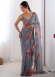FANCY GEORGETTE PRINTED WITH MOTI LACE WORK SAREE WITH UNSTITCHED BLOUSE GREY
