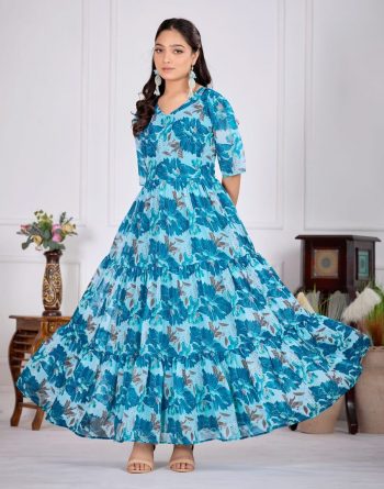 FANCY GEORGETTE PRINTED WORK ONE PIECE DRESS SKY