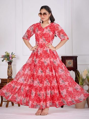 FANCY GEORGETTE PRINTED WORK ONE PIECE DRESS RED