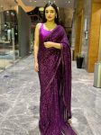FANCY GEORGETTE SEQUENCE & DORI ,PIPING BORDER WORK SAREE WITH UNSTITCHED BLOUSE PURPLE
