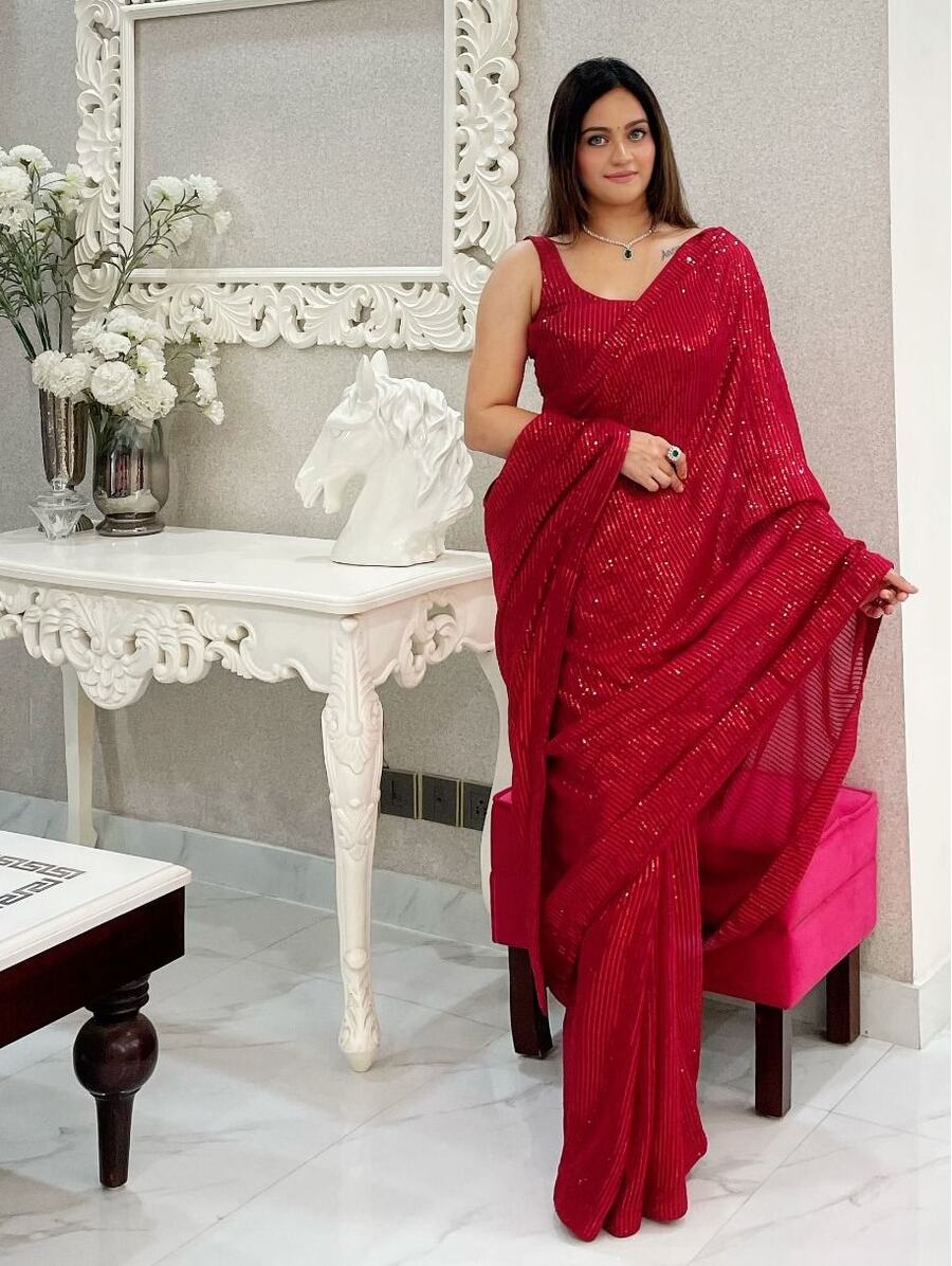 FANCY GEORGETTE SEQUENCE EMBROIDERY WORK SAREE WITH UNSTITCHED BLOUSE PARTY WEAR WHOLESALE PRICE ETHNIC GARMENT (11)