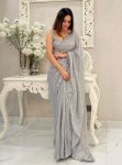 FANCY GEORGETTE SEQUENCE EMBROIDERY WORK SAREE WITH UNSTITCHED BLOUSE GREY