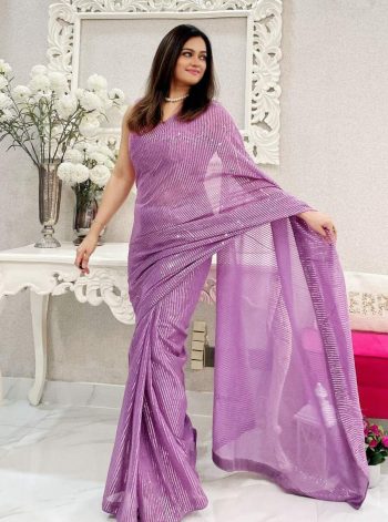 FANCY GEORGETTE SEQUENCE EMBROIDERY WORK SAREE WITH UNSTITCHED BLOUSE LAVENDER