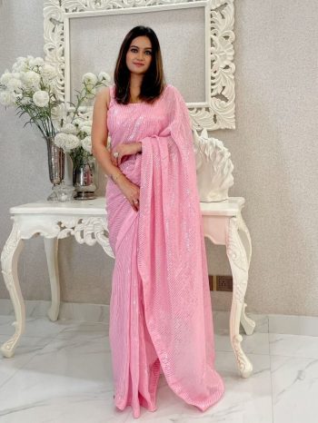 FANCY GEORGETTE SEQUENCE EMBROIDERY WORK SAREE WITH UNSTITCHED BLOUSE BABY PINK