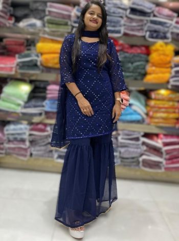 FANCY GEORGETTE SEQUENCE WORK TOP SHARARA WITH DUPATTA NAVY BLUE