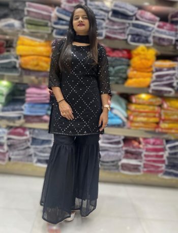 FANCY GEORGETTE SEQUENCE WORK TOP SHARARA WITH DUPATTA BLACK