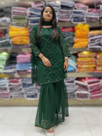 FANCY GEORGETTE SEQUENCE WORK TOP SHARARA WITH DUPATTA GREEN