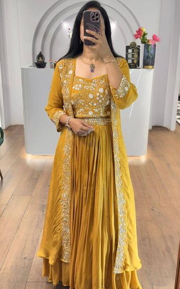 FANCY GEORGETTE THREAD, ZARI & SEQUENCE EMBROIDERY WORK LEHENGA BLOUSE AND SHRUG YELLOW