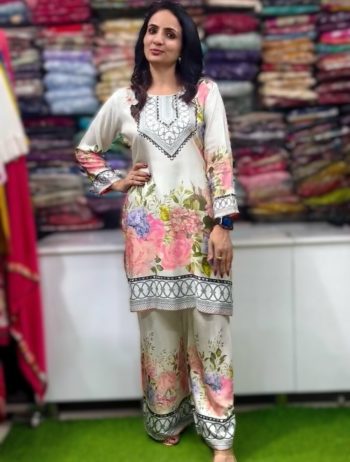 FANCY ITALIAN CHINON SILK FLORAL DIGITAL PRINT WORK CO-ORD SET MULTI