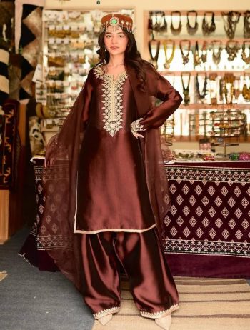 FANCY JIMMY CHOO ZARI EMBROIDERY WORK TOP PATIYALA WITH DUPATTA CHIKU