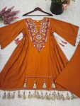 FANCY KHADI COTTON EMBROIDERY SEQUENCE WORK WITH REAL MIRROR WORK KURTI PALAZZO SET DESIGNER WEAR WHOLESALE PRICE ETHNIC GARMENT (3)
