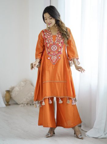 FANCY KHADI COTTON EMBROIDERY SEQUENCE WORK WITH REAL MIRROR WORK KURTI PALAZZO SET MUSTARD