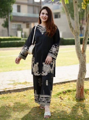 FANCY MUSLIN COTTON THREAD EMBROIDERY WORK CO-ORD SET BLACK