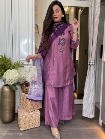 FANCY NATURAL CREPE SILK REAL MIRROR WORK TOP PALAZZO WITH DUPATTA LEVENDER