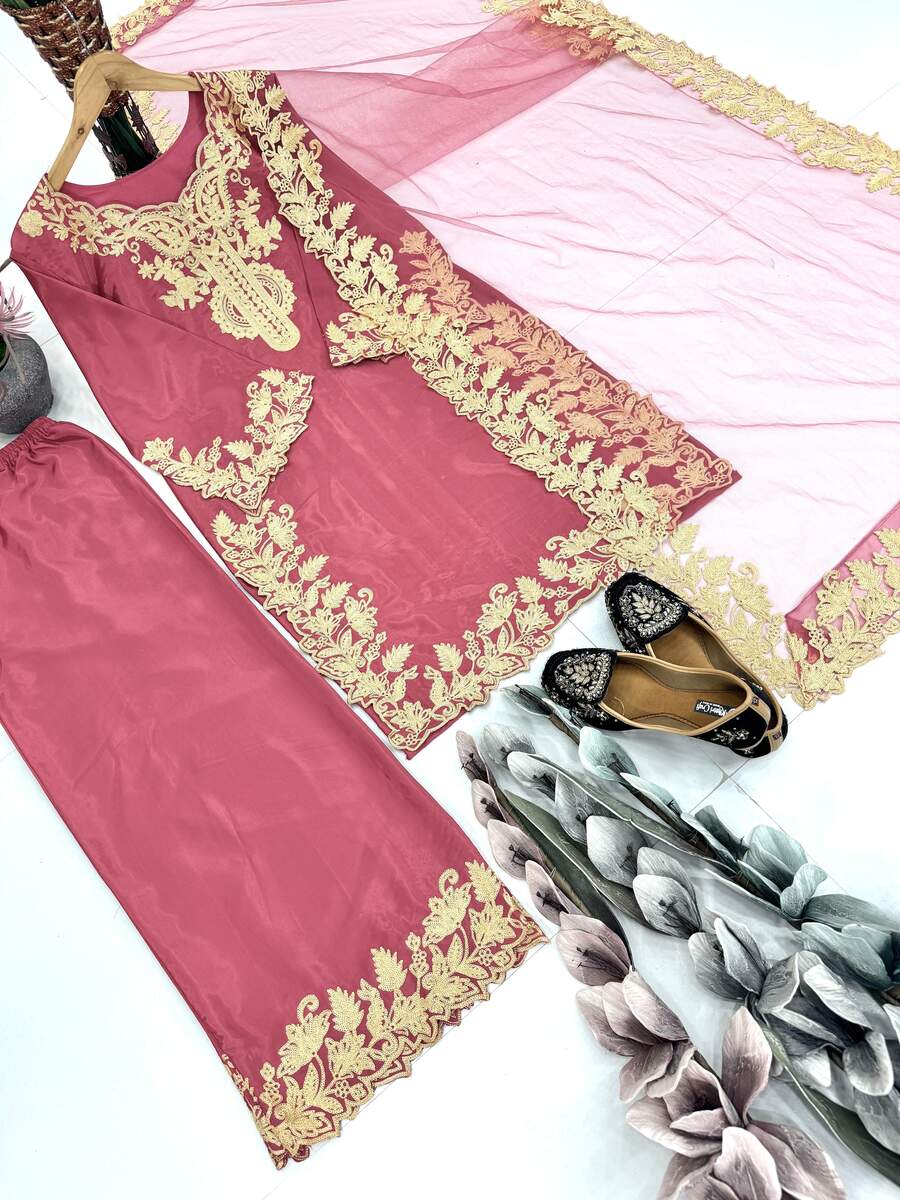 FANCY NATURAL SILK EMBROIDERY CHAIN STITCHED WORK TOP PALAZZO WITH DUPATTA FESTIVE WEAR WHOLESALE PRICE ETHNIC GARMENT (11)