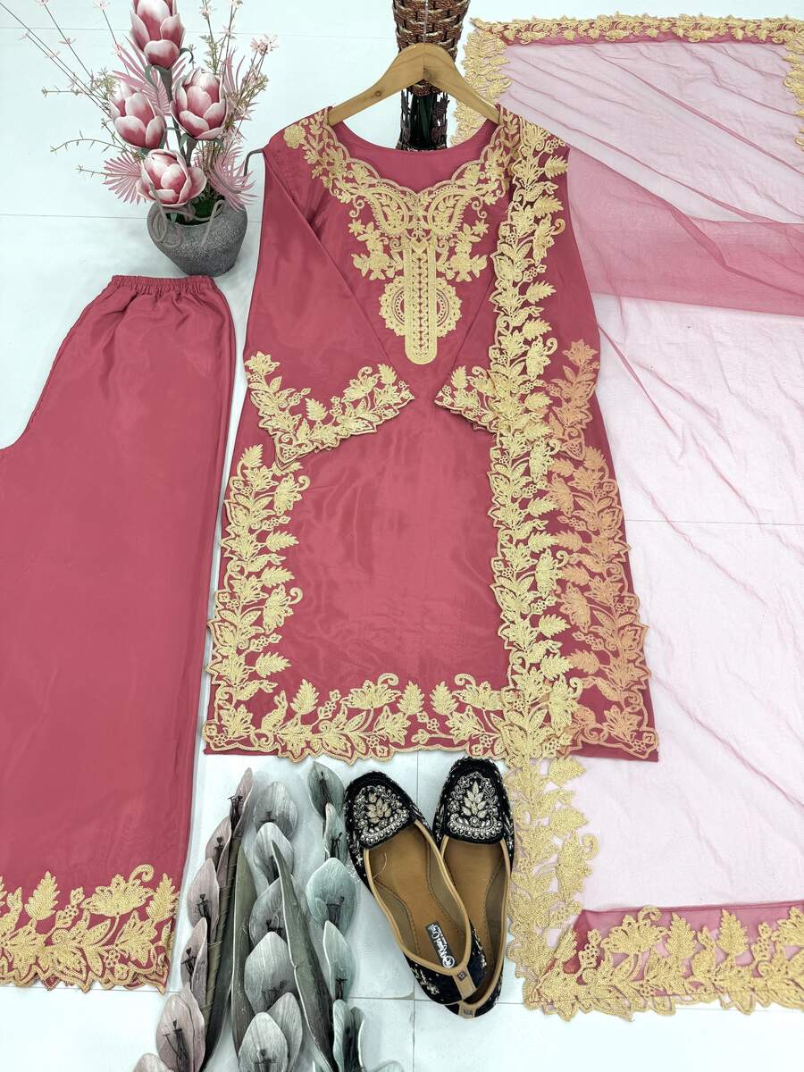 FANCY NATURAL SILK EMBROIDERY CHAIN STITCHED WORK TOP PALAZZO WITH DUPATTA FESTIVE WEAR WHOLESALE PRICE ETHNIC GARMENT (12)