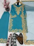 FANCY NATURAL SILK EMBROIDERY CHAIN STITCHED WORK TOP PALAZZO WITH DUPATTA SKY