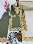 FANCY NATURAL SILK EMBROIDERY CHAIN STITCHED WORK TOP PALAZZO WITH DUPATTA GREEN