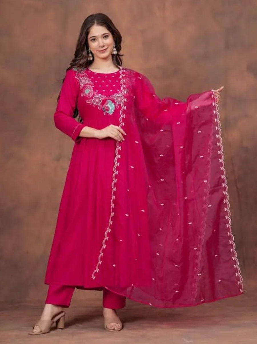 FANCY RAYON SILK EMBROIDERY WORK TOP BOTTOM WITH DUPATTA FESTIVE WEAR WHOLESALE PRICE ETHNIC GARMENT (8)