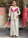 FANCY ROMAN SILK EMBROIDERY CODING SEQUENCE WORK WITH BEADS WORK CO-ORD SET  WHITE