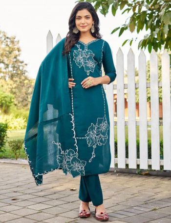 FANCY ROMAN SILK EMBROIDERY WORK TOP BOTTOM WITH DUPATTA TEAL