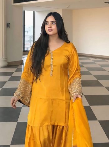 FANCY SATIN SILK EMBROIDERY SEQUENCE WORK TOP PATIYALA WITH DUPATTA YELLOW