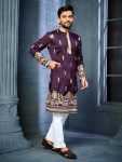 FANCY SOFT SILK MULTI THREAD EMBROIDERY WORK MEN'S KURTA PAYJAMA PURPLE