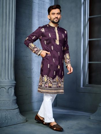 FANCY SOFT SILK MULTI THREAD EMBROIDERY WORK MEN'S KURTA PAYJAMA PURPLE