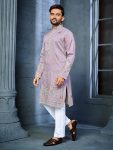 FANCY SOFT SILK MULTI THREAD EMBROIDERY WORK MEN'S KURTA PAYJAMA LAVENDER