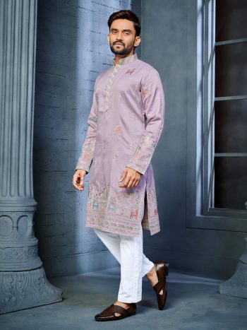FANCY SOFT SILK MULTI THREAD EMBROIDERY WORK MEN'S KURTA PAYJAMA LAVENDER