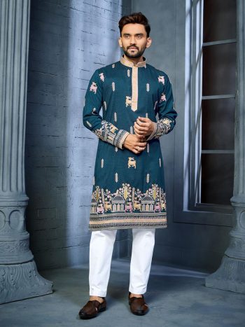 FANCY SOFT SILK MULTI THREAD EMBROIDERY WORK MEN'S KURTA PAYJAMA BLUE